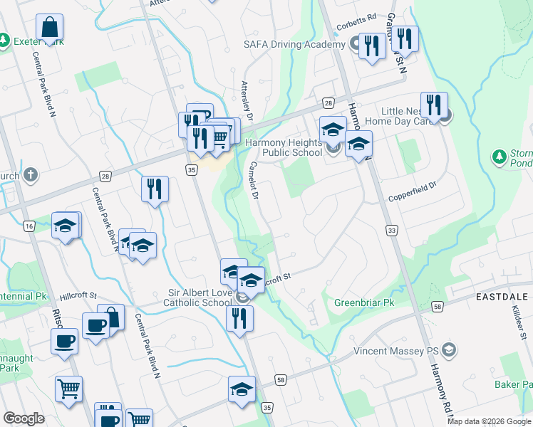 map of restaurants, bars, coffee shops, grocery stores, and more near 531 Camelot Drive in Oshawa