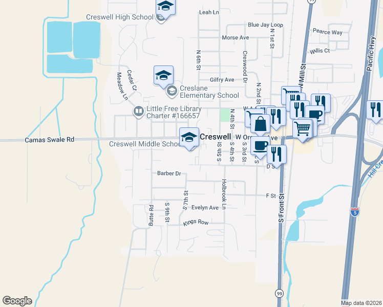 map of restaurants, bars, coffee shops, grocery stores, and more near 655 West Oregon Avenue in Creswell