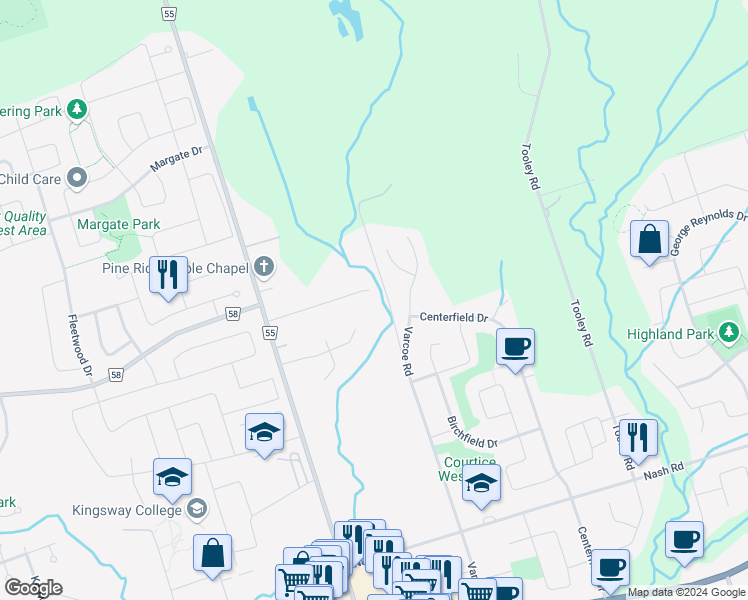 map of restaurants, bars, coffee shops, grocery stores, and more near 62 Lawson Road in Courtice