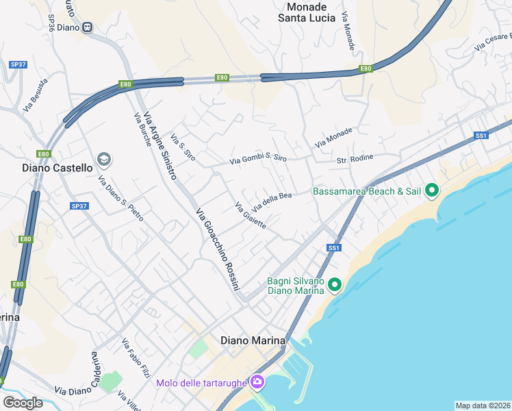 map of restaurants, bars, coffee shops, grocery stores, and more near 12 Via della Bea in Diano Marina