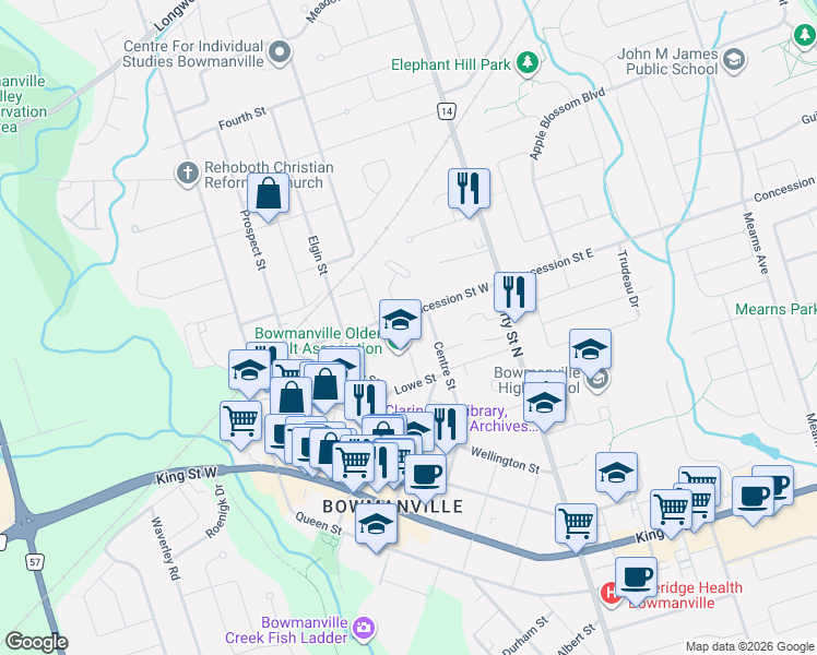 map of restaurants, bars, coffee shops, grocery stores, and more near 35 Beech Avenue in Clarington