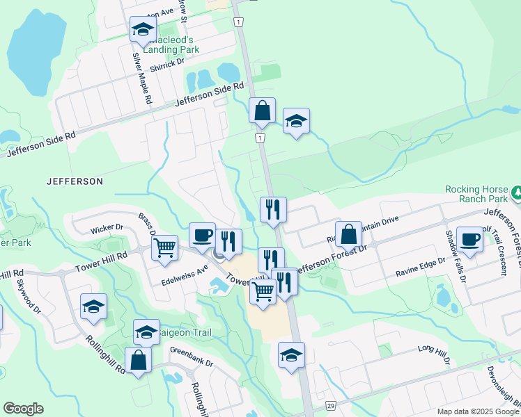 map of restaurants, bars, coffee shops, grocery stores, and more near 12 8 Townwood Drive in Richmond Hill