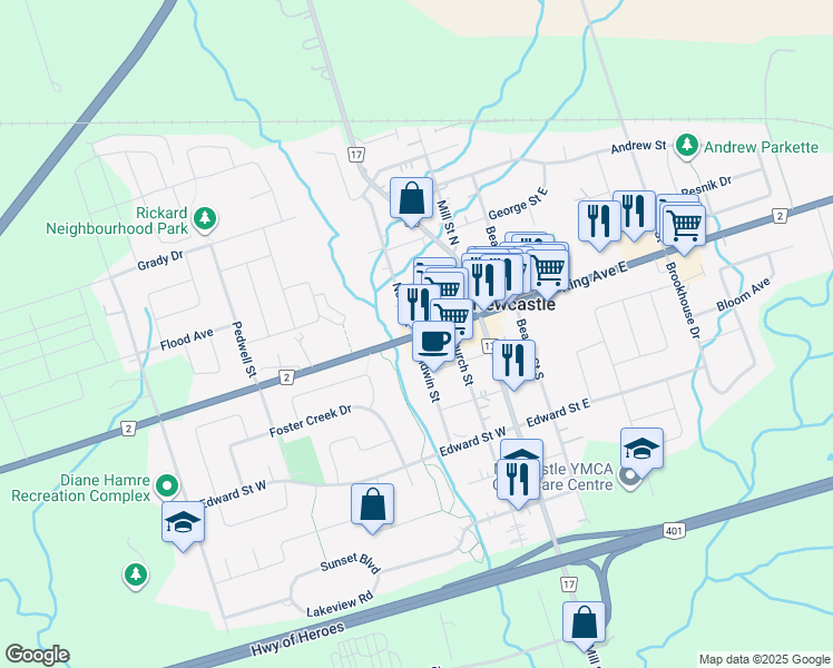 map of restaurants, bars, coffee shops, grocery stores, and more near 115 King Avenue East in Newcastle