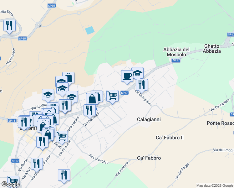 map of restaurants, bars, coffee shops, grocery stores, and more near 5 Via Giustiniano Villa in Morciano di Romagna