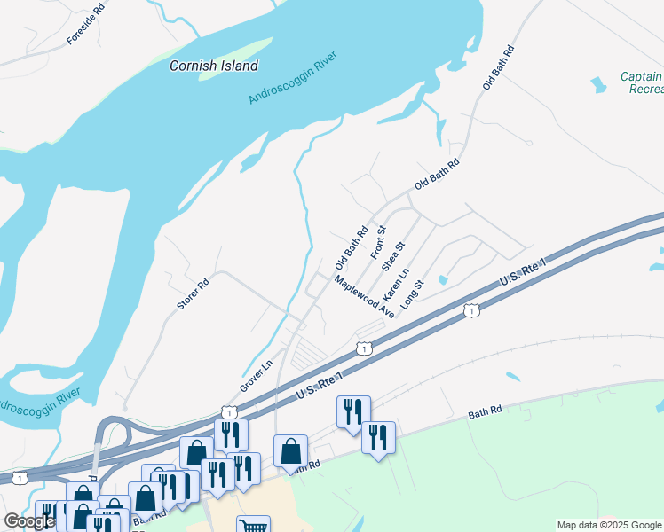 map of restaurants, bars, coffee shops, grocery stores, and more near 105 Old Bath Road in Brunswick
