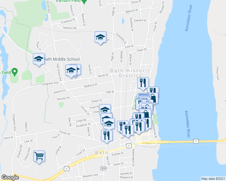 map of restaurants, bars, coffee shops, grocery stores, and more near 109 Oak Street in Bath