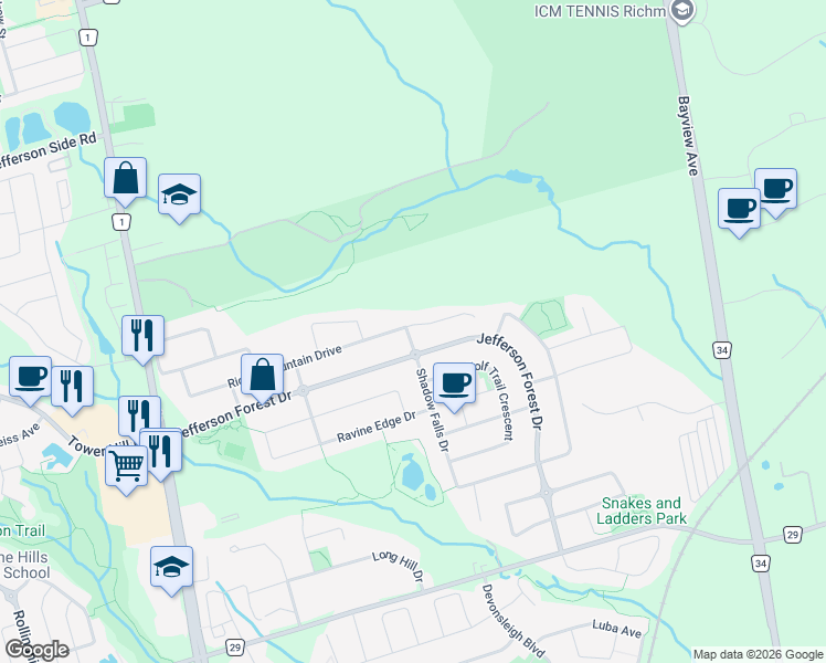 map of restaurants, bars, coffee shops, grocery stores, and more near 135 Riding Mountain Drive in Richmond Hill