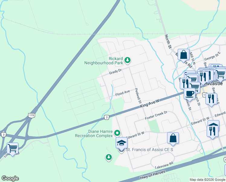 map of restaurants, bars, coffee shops, grocery stores, and more near 14 Erskine Drive in Newcastle