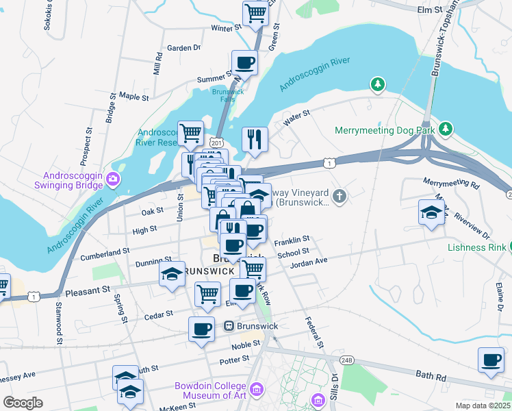 map of restaurants, bars, coffee shops, grocery stores, and more near 12 Federal Street in Brunswick