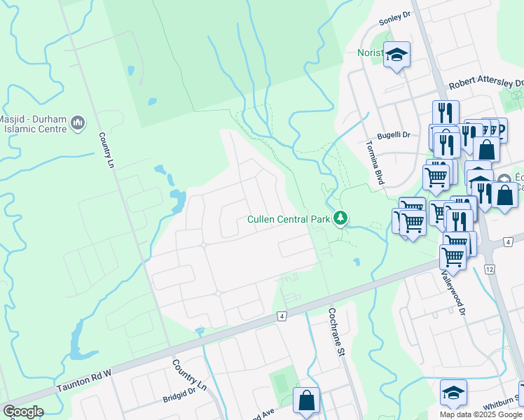 map of restaurants, bars, coffee shops, grocery stores, and more near 23 Hayeraft Street in Whitby