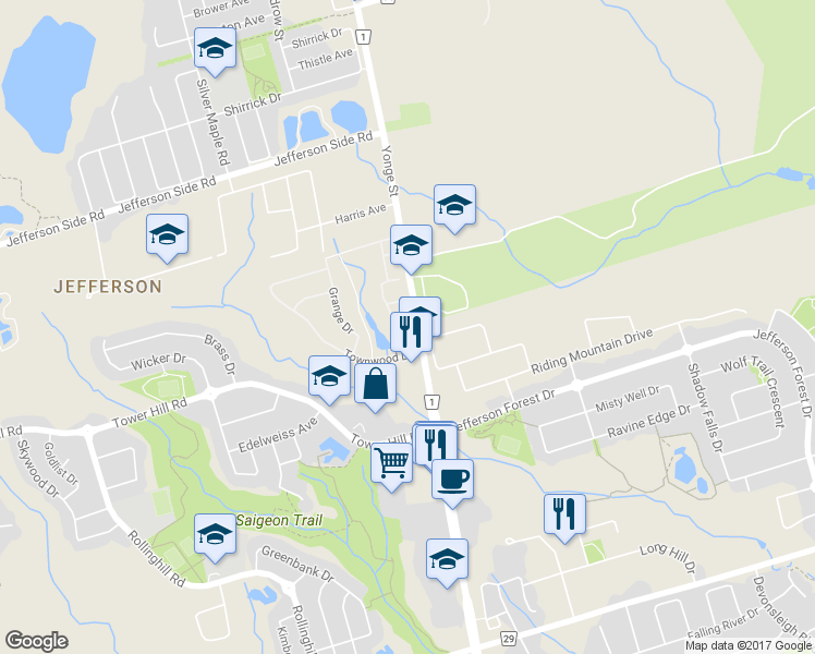 map of restaurants, bars, coffee shops, grocery stores, and more near 12 8 Townwood Drive in Richmond Hill