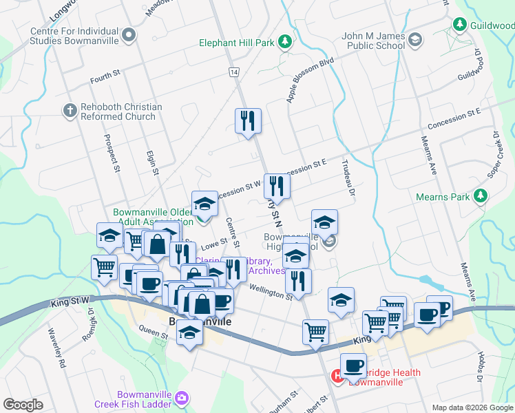 map of restaurants, bars, coffee shops, grocery stores, and more near 108 Liberty Street North in Bowmanville