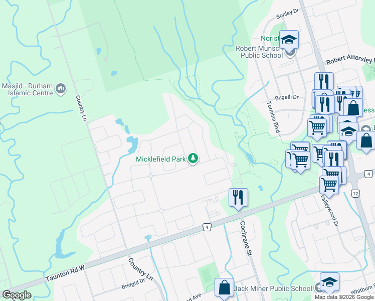 map of restaurants, bars, coffee shops, grocery stores, and more near 23 Hayeraft Street in Whitby