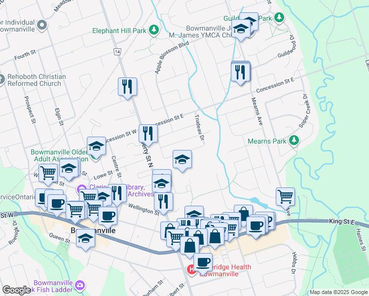 map of restaurants, bars, coffee shops, grocery stores, and more near 74 Trudeau Drive in Bowmanville