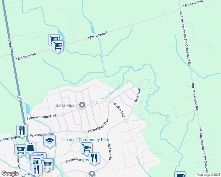 map of restaurants, bars, coffee shops, grocery stores, and more near 32 Wedgeport Court in Nobleton