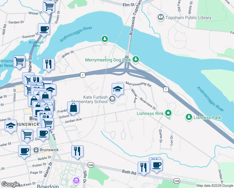 map of restaurants, bars, coffee shops, grocery stores, and more near 15 Justamere Road in Brunswick