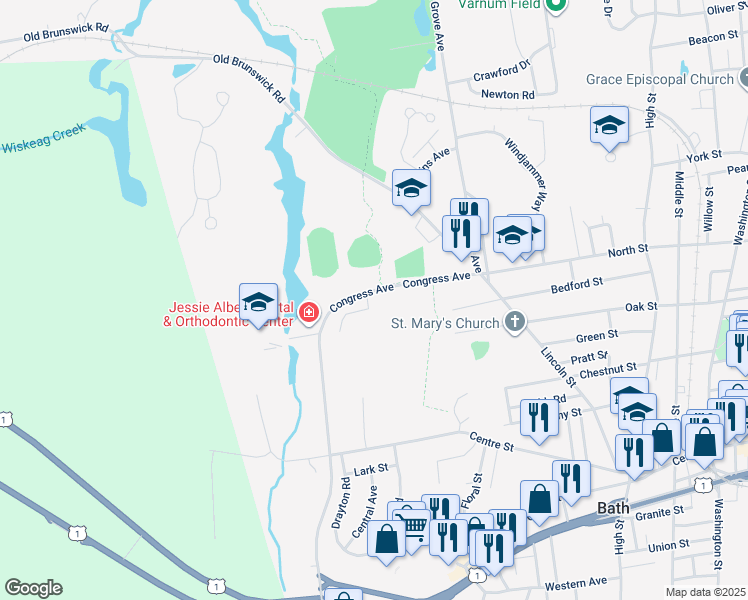 map of restaurants, bars, coffee shops, grocery stores, and more near 12 Aegis Drive in Bath