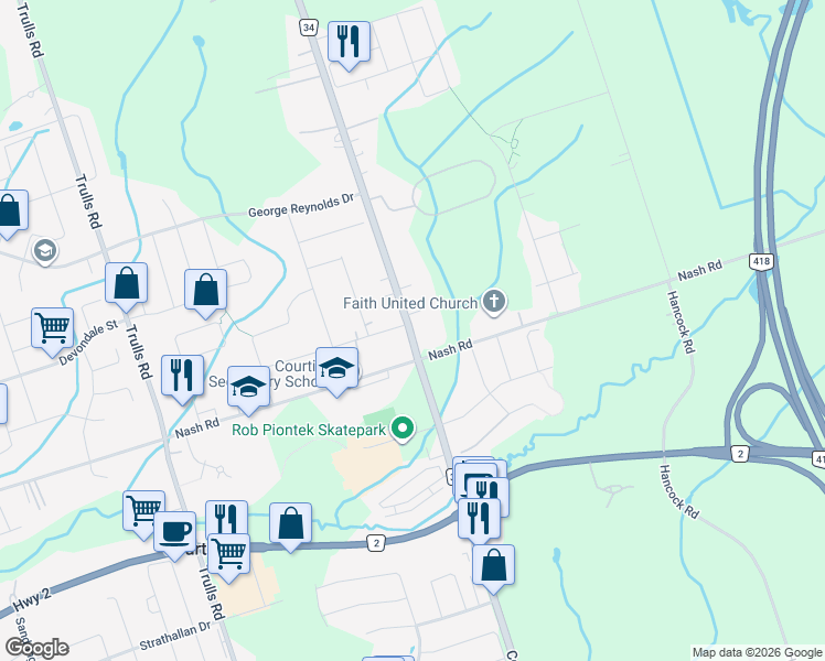 map of restaurants, bars, coffee shops, grocery stores, and more near 3035 Courtice Road in Courtice