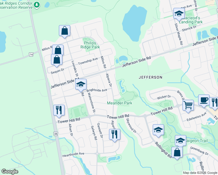 map of restaurants, bars, coffee shops, grocery stores, and more near 1 Serano Crescent in Richmond Hill
