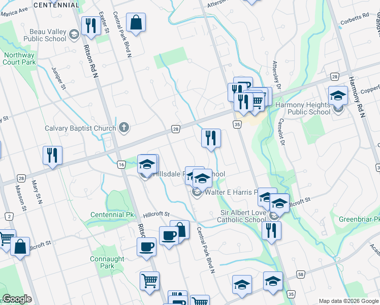 map of restaurants, bars, coffee shops, grocery stores, and more near Harwood Drive in Oshawa