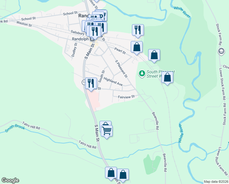 map of restaurants, bars, coffee shops, grocery stores, and more near 27 Maple Street in Randolph