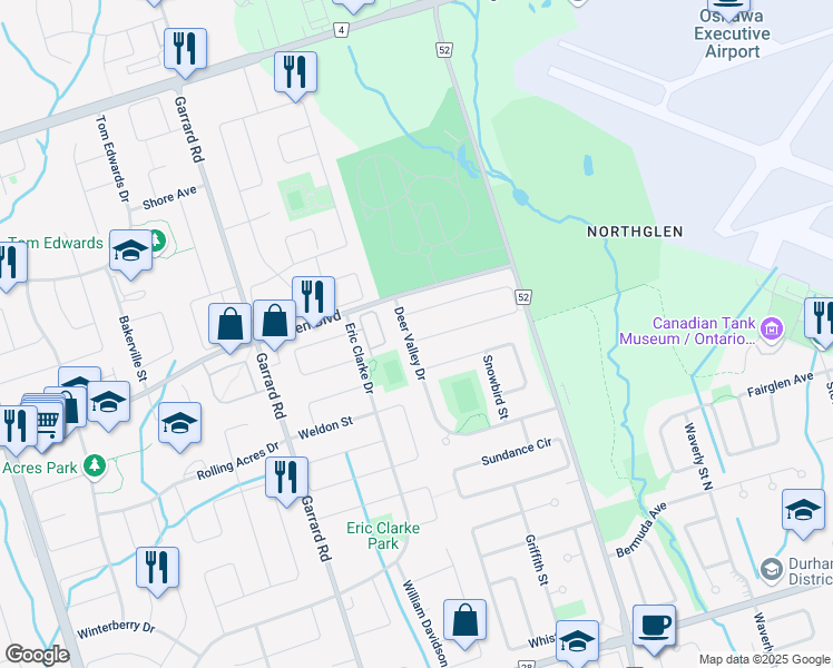 map of restaurants, bars, coffee shops, grocery stores, and more near 996 Deer Valley Drive in Oshawa