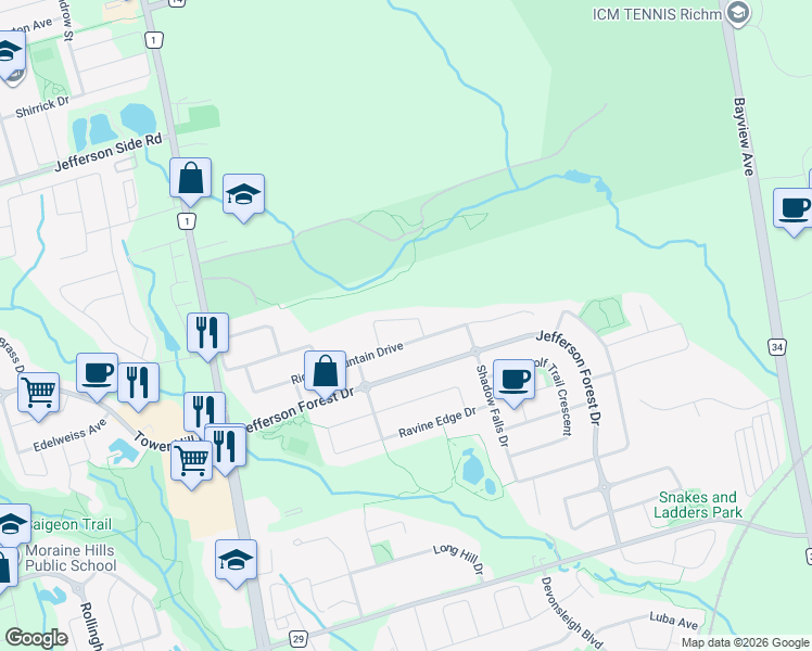 map of restaurants, bars, coffee shops, grocery stores, and more near 41 Pulpwood Crescent in Richmond Hill