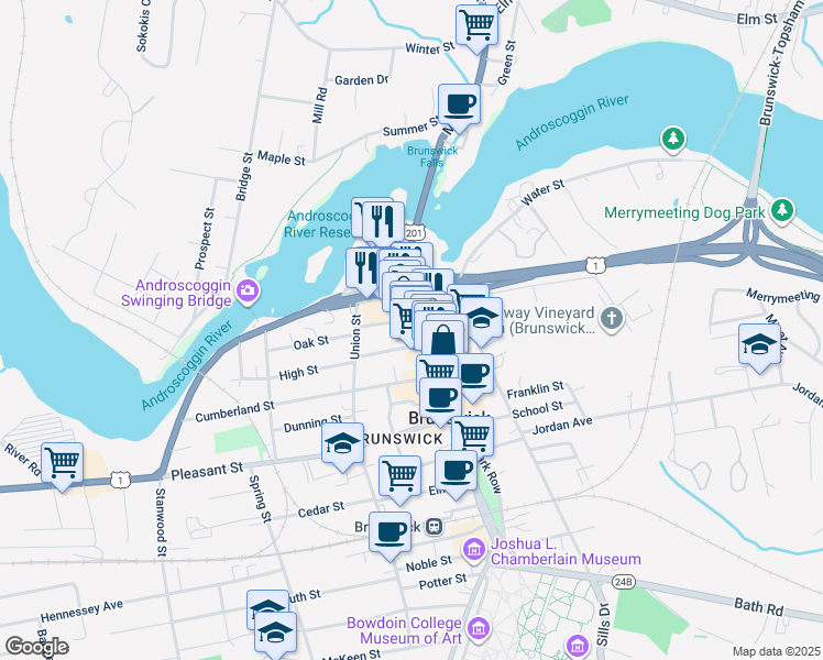 map of restaurants, bars, coffee shops, grocery stores, and more near 69 Maine Street in Brunswick