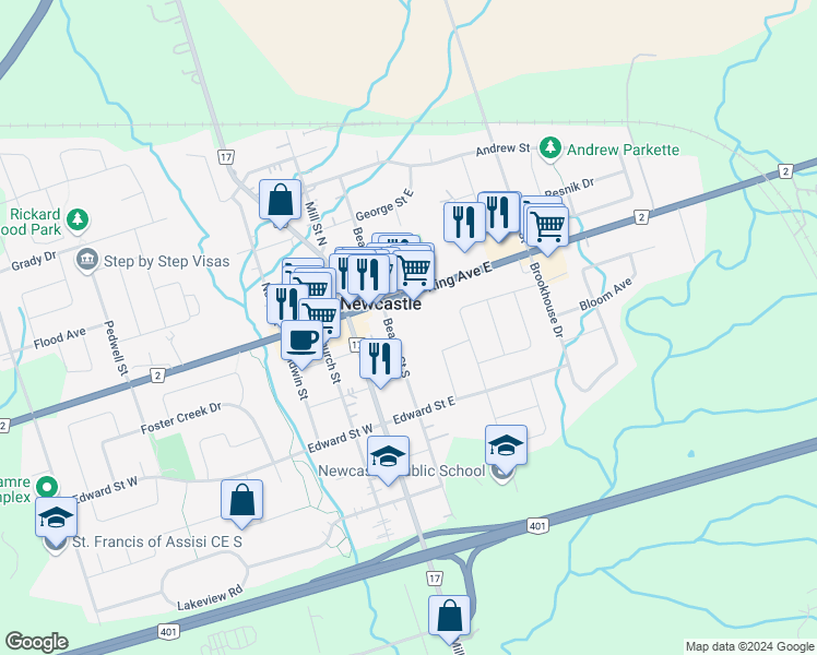 map of restaurants, bars, coffee shops, grocery stores, and more near in Newcastle