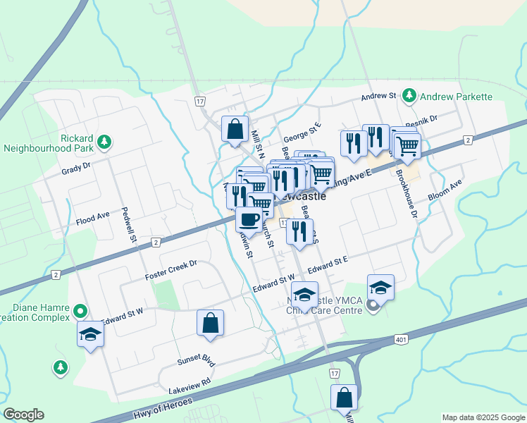map of restaurants, bars, coffee shops, grocery stores, and more near in Newcastle