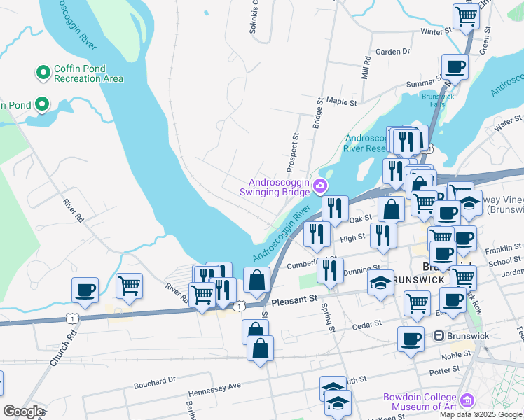 map of restaurants, bars, coffee shops, grocery stores, and more near 9 Front Street in Topsham