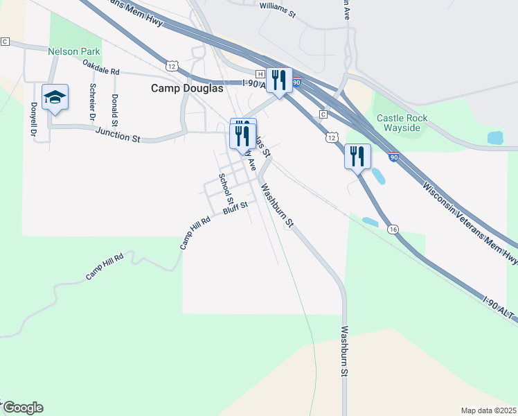 map of restaurants, bars, coffee shops, grocery stores, and more near 309 Main Street in Camp Douglas