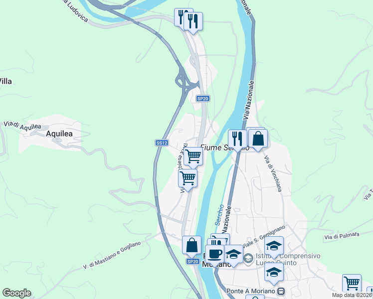 map of restaurants, bars, coffee shops, grocery stores, and more near 38 Via delle Scuole in Lucca