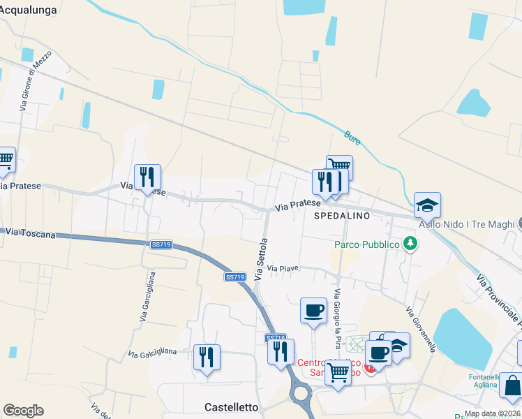 map of restaurants, bars, coffee shops, grocery stores, and more near 736 Via Pratese in Pistoia