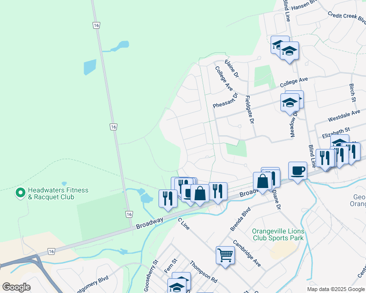 map of restaurants, bars, coffee shops, grocery stores, and more near 112 Parkinson Crescent in Orangeville