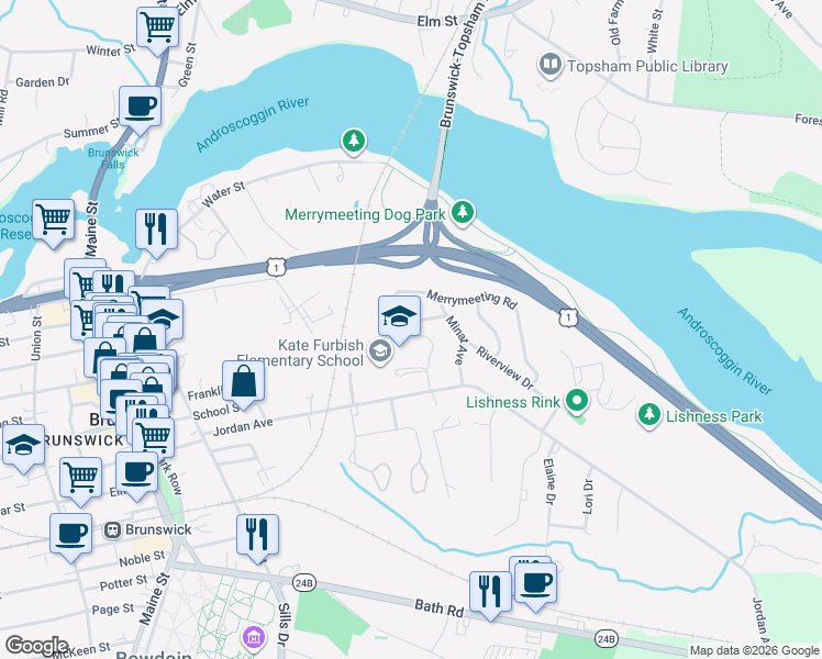 map of restaurants, bars, coffee shops, grocery stores, and more near 15 Justamere Road in Brunswick