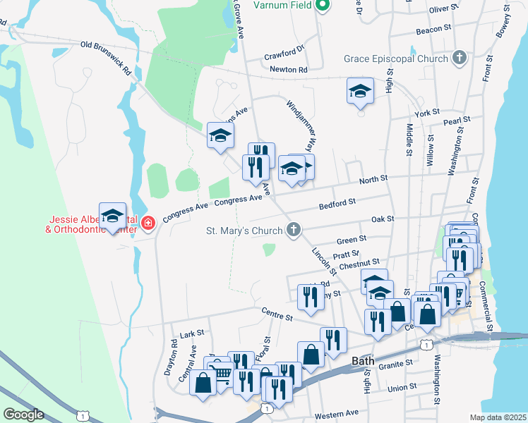 map of restaurants, bars, coffee shops, grocery stores, and more near 135 Bedford St in Bath