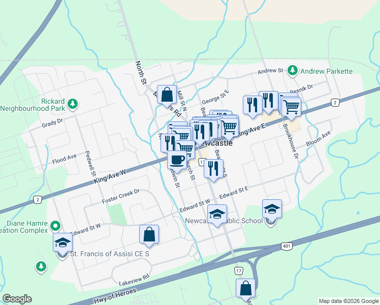 map of restaurants, bars, coffee shops, grocery stores, and more near 45 King Avenue West in Newcastle