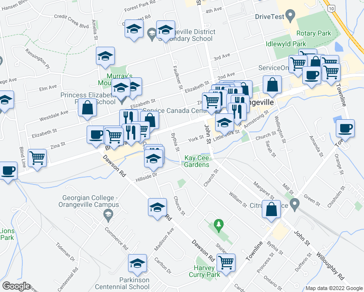 map of restaurants, bars, coffee shops, grocery stores, and more near 21 York Street in Orangeville