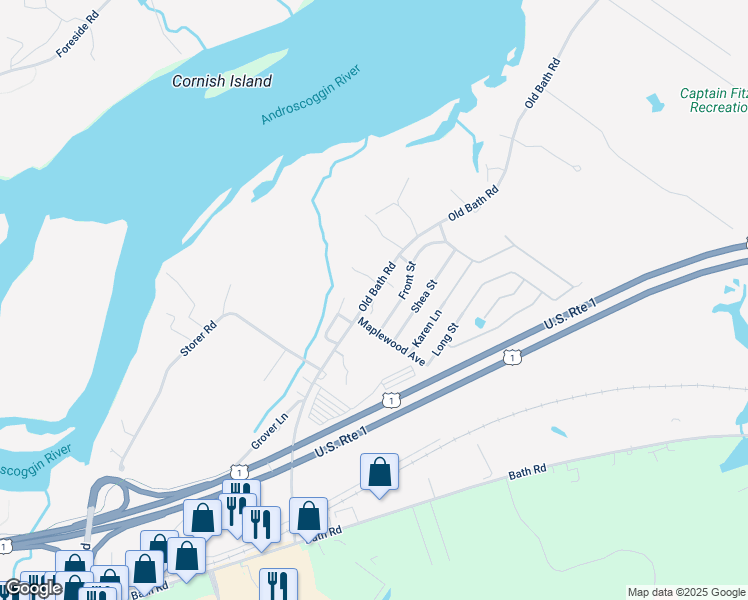 map of restaurants, bars, coffee shops, grocery stores, and more near 105 Old Bath Road in Brunswick
