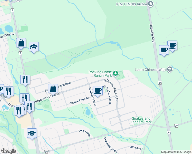 map of restaurants, bars, coffee shops, grocery stores, and more near 151 Riding Mountain Drive in Richmond Hill