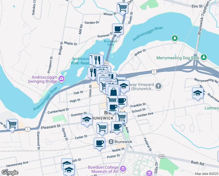 map of restaurants, bars, coffee shops, grocery stores, and more near 69 Maine Street in Brunswick