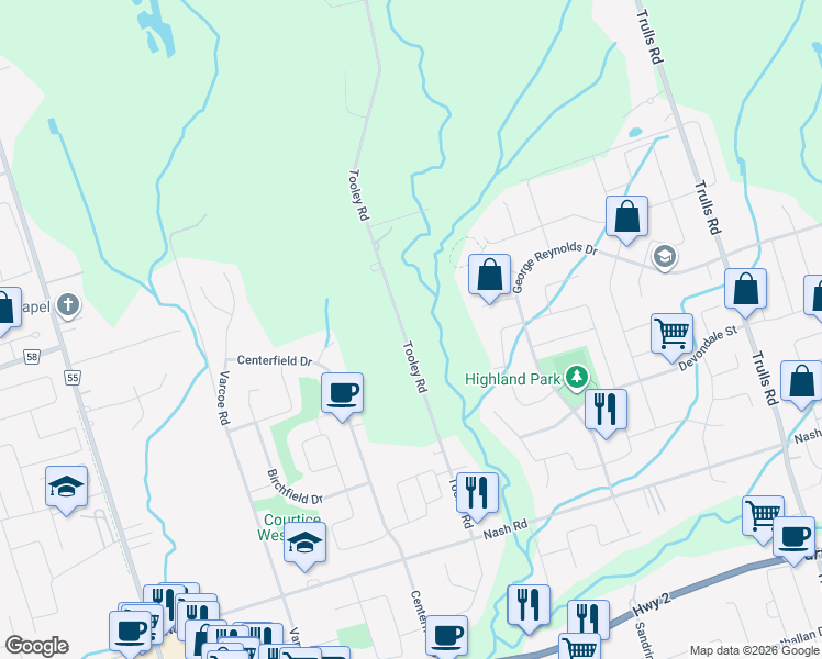 map of restaurants, bars, coffee shops, grocery stores, and more near 3287 Tooley Road in Courtice