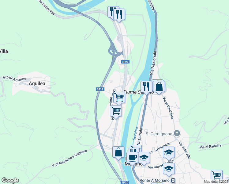 map of restaurants, bars, coffee shops, grocery stores, and more near 38 Via delle Scuole in Lucca