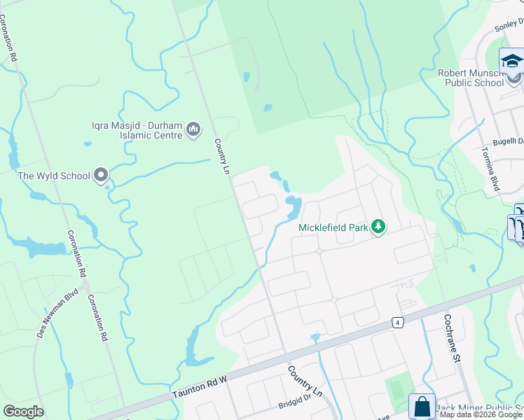 map of restaurants, bars, coffee shops, grocery stores, and more near 63 Blenheim Circle in Whitby