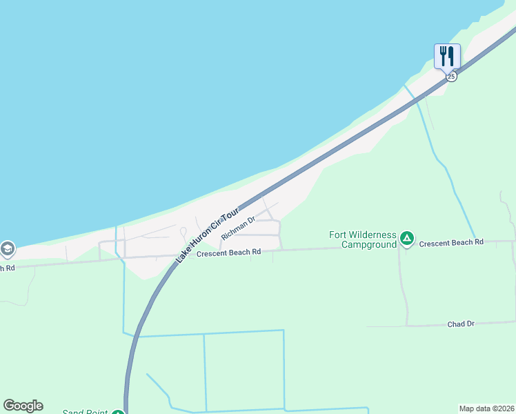 map of restaurants, bars, coffee shops, grocery stores, and more near 8772 Port Austin Road in Pigeon