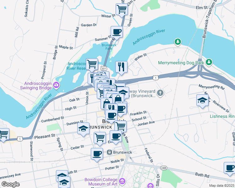 map of restaurants, bars, coffee shops, grocery stores, and more near 12 Federal Street in Brunswick