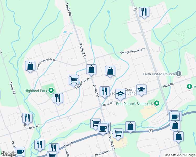 map of restaurants, bars, coffee shops, grocery stores, and more near in Courtice