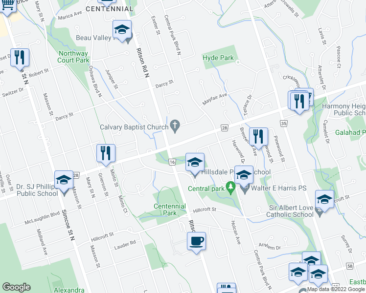map of restaurants, bars, coffee shops, grocery stores, and more near 305 Rossland Road East in Oshawa