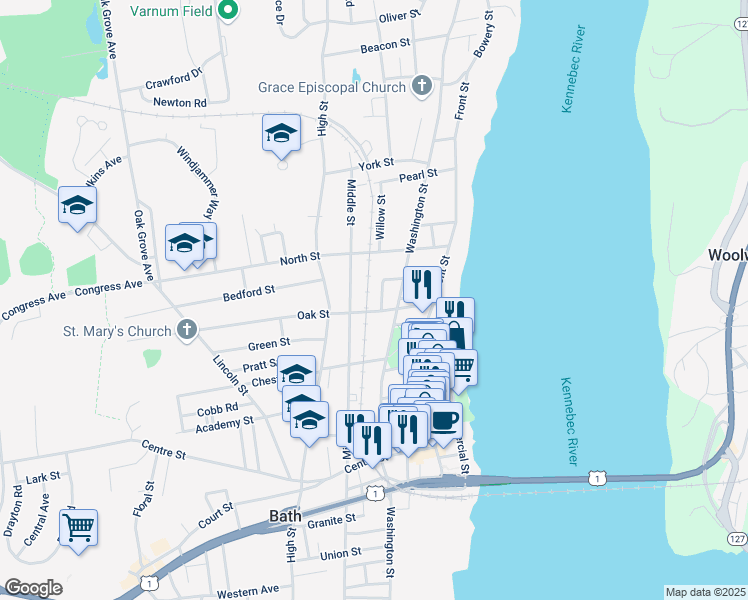 map of restaurants, bars, coffee shops, grocery stores, and more near 79 Oak Street in Bath